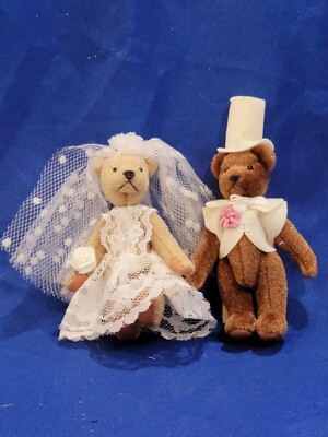 Miniature Bride & Groom Teddy Bear Couple Wedding Cake Toppers 3.5''