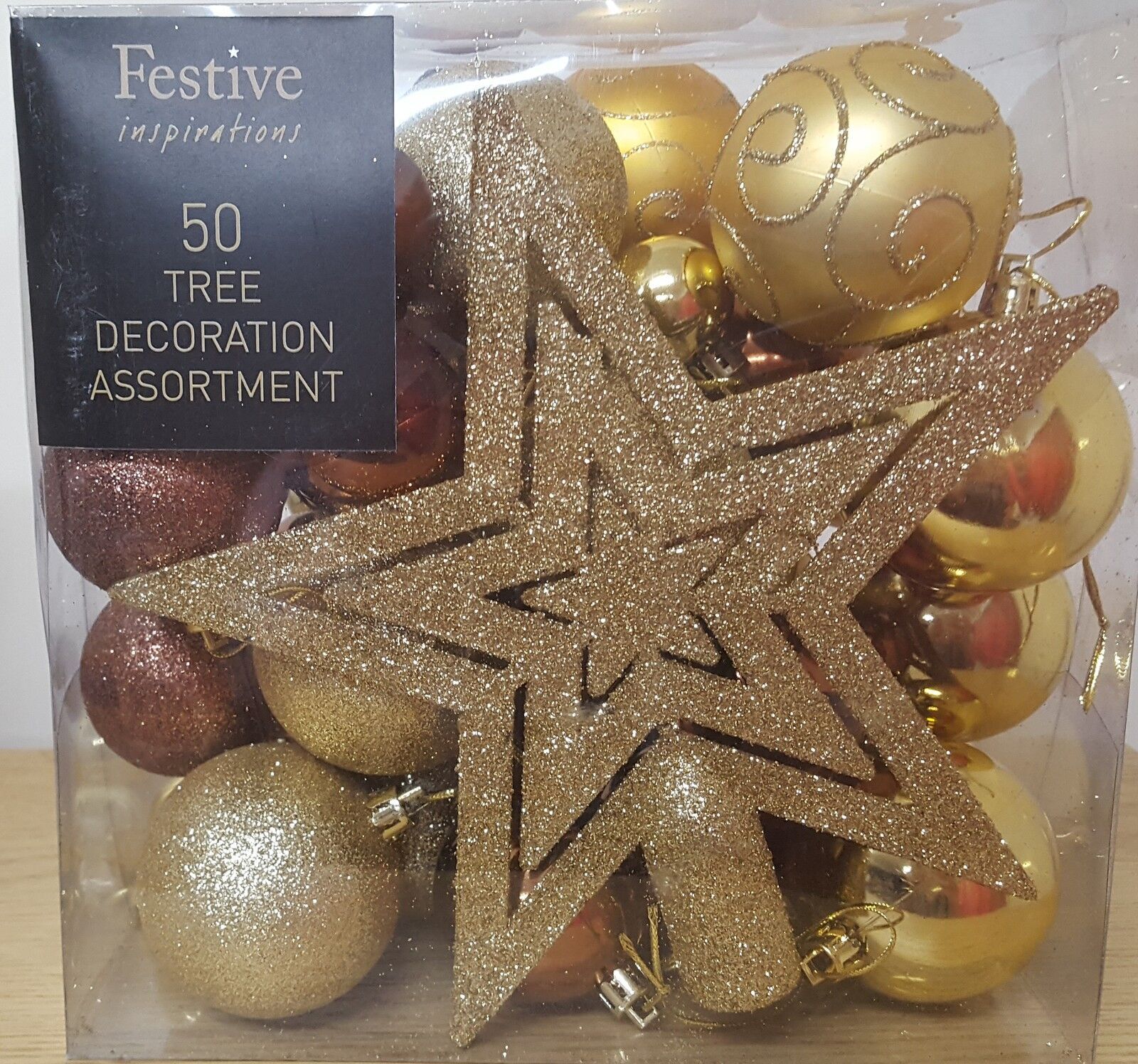 Christmas 50 Pieces Assorted Baubles- Bronze & Gold with Tree Topper