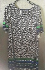 Eliza J Women's Print Shift Dress Black Green Cobalt Size 12 Exposed Zipper Work