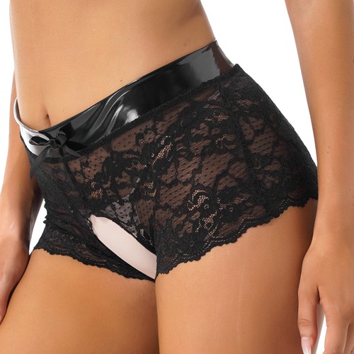 Damen Sexy Ouvertslip Spitze Lackleder Unterwäsche Bikini Panties Gogo Clubwear - Picture 5 of 35