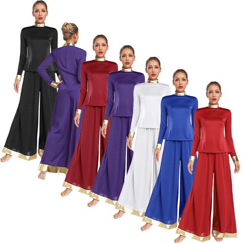 Blusa Top Para Mujer Metálica Brillante Ribete Baile de Alabanza Manga Larga + Pantalones de Pierna Ancha - Imagen 3 de 75