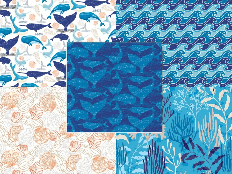 CRAFT COTTON COMPANY Cotton Fabric Whale Hello There Nautical Narwhal Weeds Shells Waves Crafts 45"