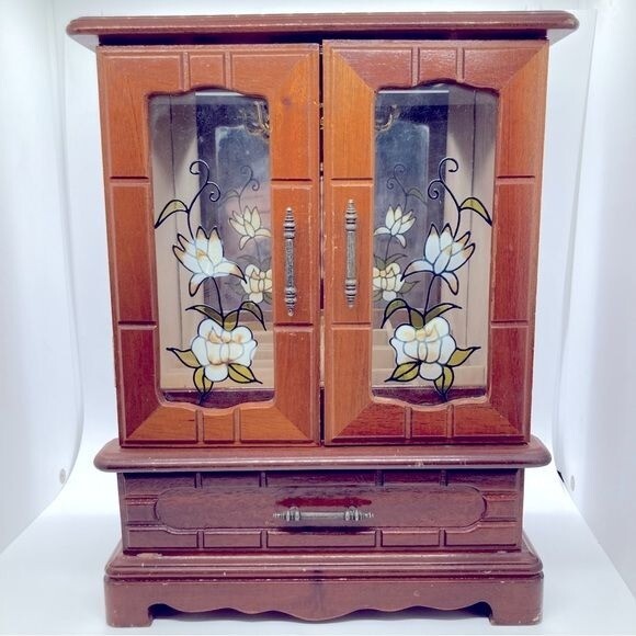Vintage Wooden Jewelry Box Armoire Style Mirror Drawer Glass Doors Floral