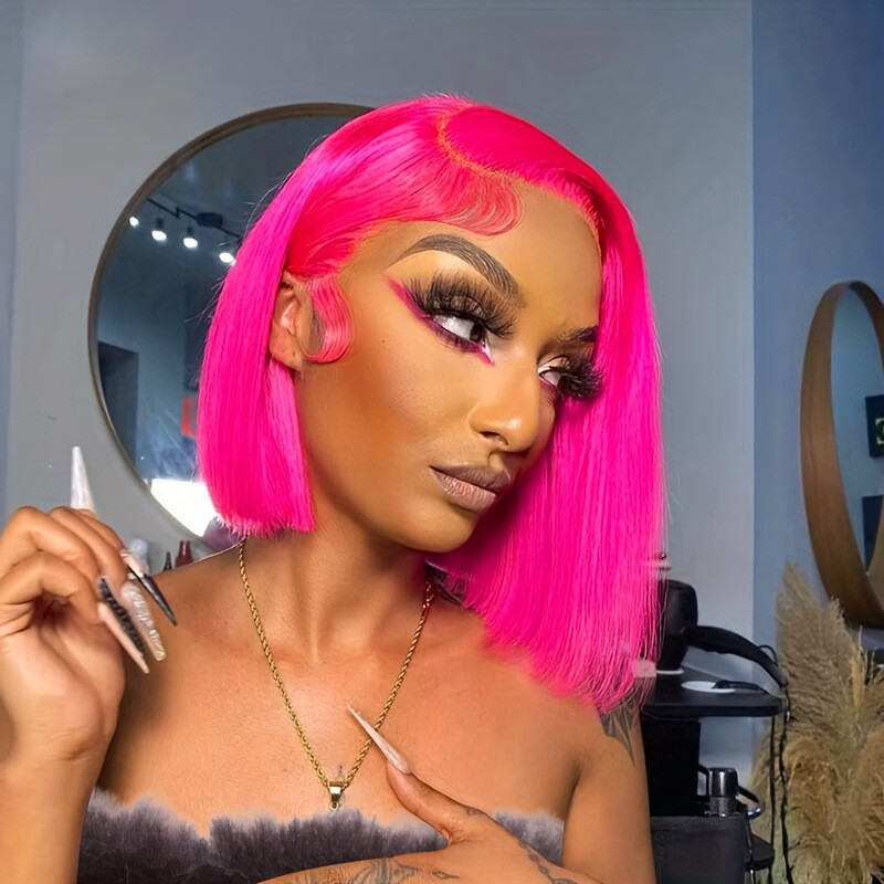 Short Bob Rose Pink Lace Front Wigs Remy Human Hair Wigs for  display picture 1