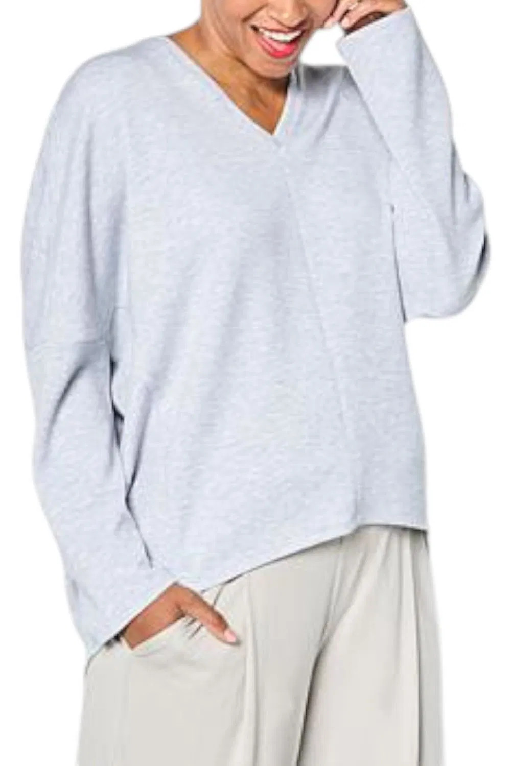WynneLayers Women's Cloud Knit V-Neck Top Light Heather Gray-image