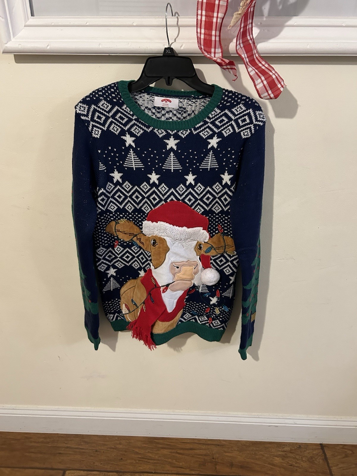 Ugly Christmas Sweater Cow Light Up Fair Isle Tree Star Navy Mens Womens S