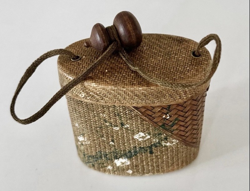Pr. Japanese Woven Bamboo Hand Painted Tonkotsu "Tobacco Boxes" 1950's Vintage  