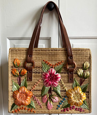 Floral Embroidered Woven Straw Tote Bag Boho Summer Handbag Brown Leather Handle