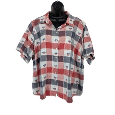 Vtg Americana Patchwork Plaid Heart Button Up Shirt Boho USA Patriotic Size 3X