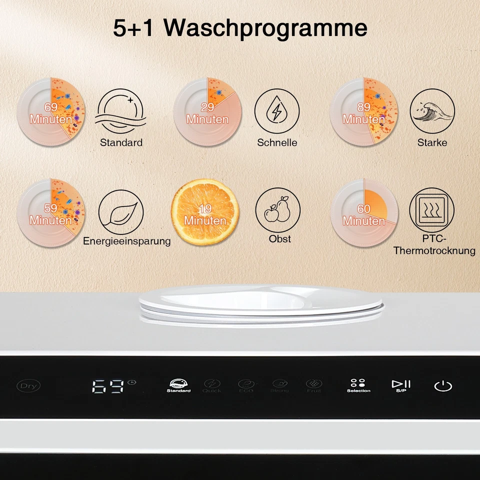 Mini Geschirrspüler 5L Spülmaschine Tischgeschirrspüler Freistehender 43cm 6Modi - Bild 3 von 4