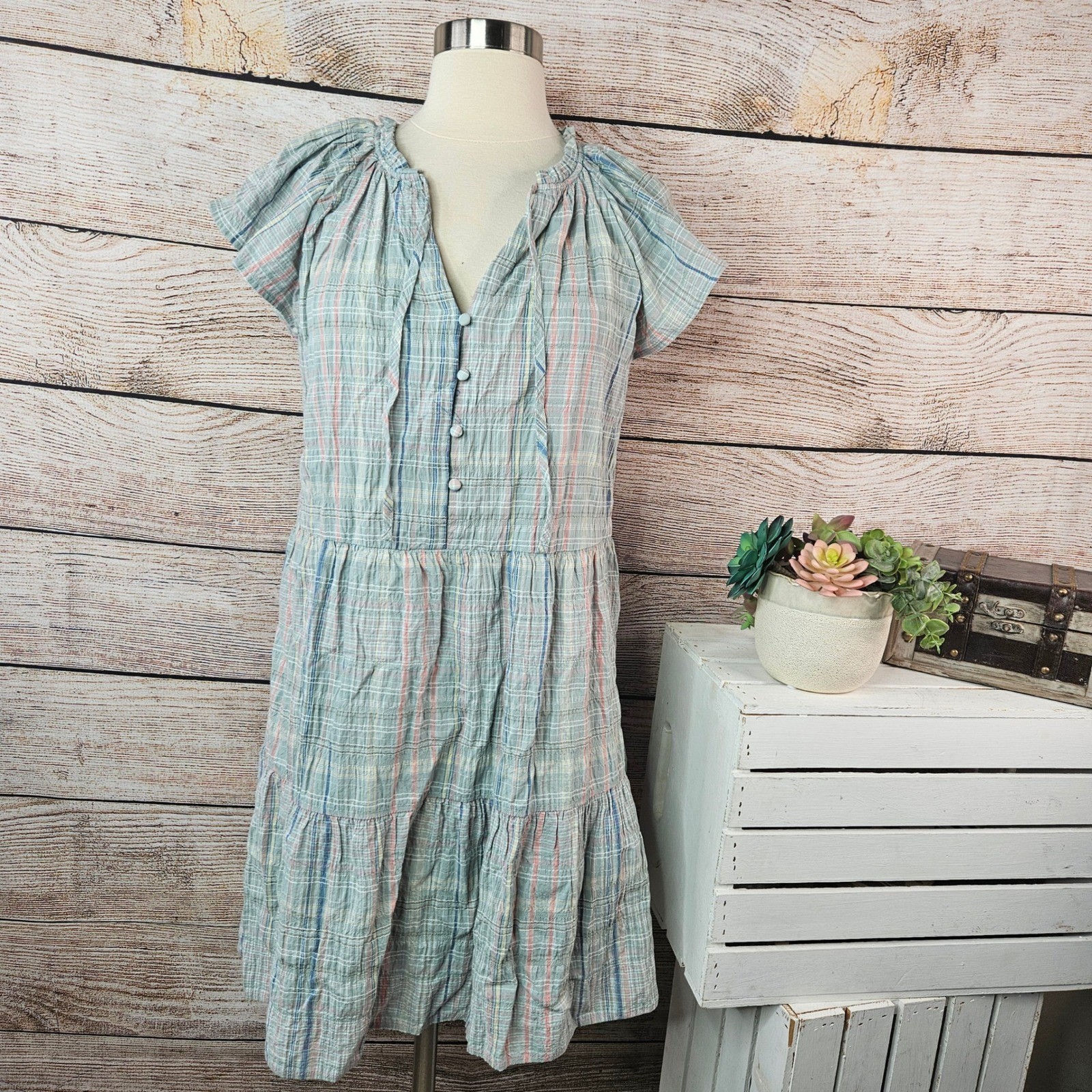 LOFT Womens Blue Pink Plaid Tiered Midi Dress Short Sleeve Cotton Small