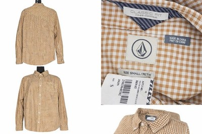Volcom Classic Fit Gingham Button Up Shirt Brown White Mens Small NWT Skate