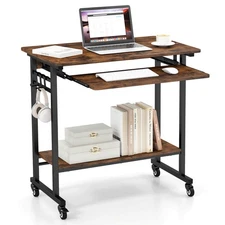 Mobile Laptop Desk with Keyboard Tray, Lower Shelf, 3 Hooks, 4 Universal Wheels
