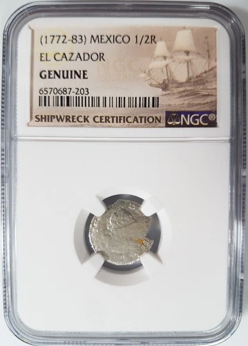 EL CAZADOR Shipwreck NGC (1772-83) Mexico 1/2 Real Sea Salvaged Sunken Treasure