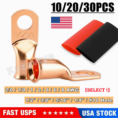 10/30PCS Bare Copper Cable Lugs Ring Terminals Car Battery Wire Crimp Connectors