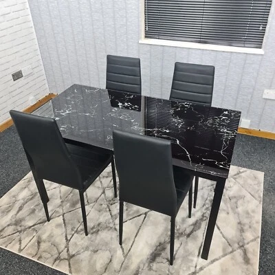 Black Dining Table set and 4 Black Chairs Marble Effect Glass Kitchen Set of 4