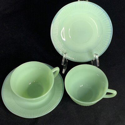JADEITE JANE RAY PATTERN CUP AND SAUCER UNMARKED SET OF TWO