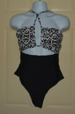 Women's Halter Bikini Bottom Leopard Print 1-pc Swimsuit Sz XL NWOT