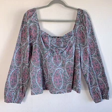 J. Crew Paisley Sweetheart Neckline Long Sleeve Top Glazed Sky Multi Sz 14