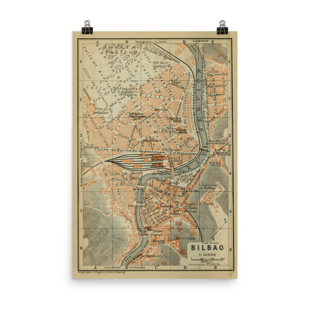 Mapa de Bilbao España (1913) Antiguo Póster Atlas Ciudad Vasca