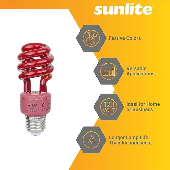 Spiral Colored Bulb, 13W, 40W, (E26) 8,000 Hour Life Span, UL Listed, Red 6 PK - Image 3 of 4