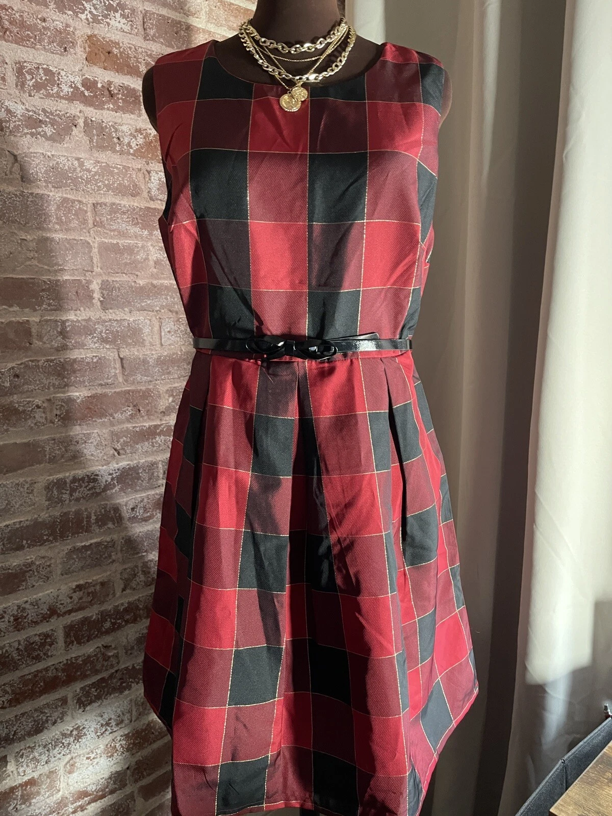 New! Children's Place Girls' Sleeveless Plaid Dress Classic Red Belter Size 12