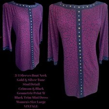 3/4 Sleeve Boat Neck Stud Detail Trim Crimson Geo Print Mini Dress Women’s L VTG