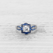 Art Deco 0.7Ct Round Cut CZ Blue Sapphire Wedding Engagement Ring In 925 Silver