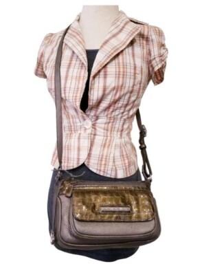 BRIGHTON PATENT CROCODILE LEATHER PEWTER CLUTCH SHOULDER CROSSBODY 8X6X3