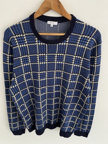 Reiss Jumper Size 2XL XXL Mens Blue Houndstooth Check Knitted Casual Sweatshirt