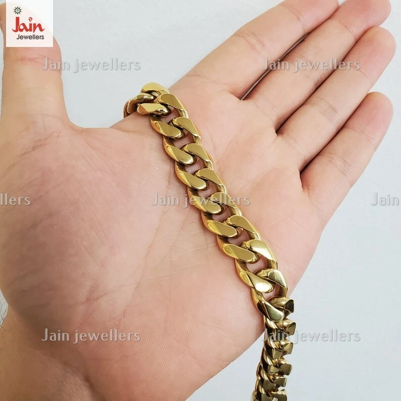 18 Kt Real Solid Yellow Gold Cuban Link Chain Handmade Men s Bracelet 30 Gms