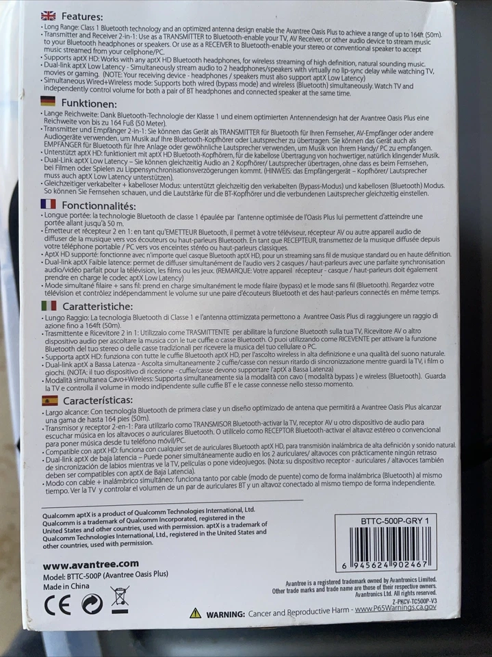 Avantree HD Long Range Bluetooth Transmitter Receiver TV Audio Optical AUX RCA - Image 2 of 3