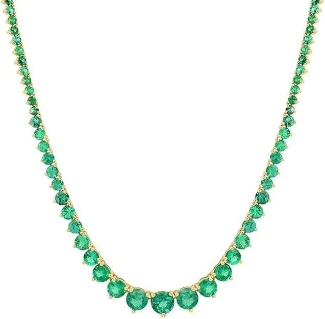 Lab Created 12Ct Green Emerald 3-Prongs Tennis Necklace 14K Yell Gold Plated 18" - Image 2 of 4