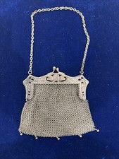 Antique Ornate German Silver Metal Mesh Coin Purse Bag 1800 s