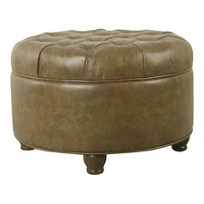HomePop Round Traditional Faux Leather Large Storage Ottoman in Distressed Brown