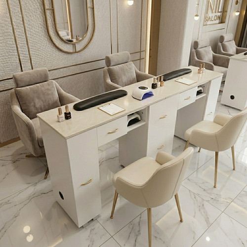 2 Dual Workstation Manicure Table • Nail Salon / Nail Tech Desk • White and Gold