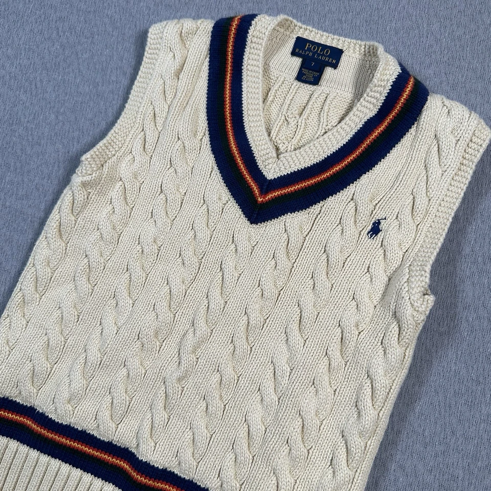 Polo Ralph Lauren Niño Preppy Cuello en V Tejido con Cable Suéter Chaleco Beige Azul Marino Talla 7 Foto 2 de 4