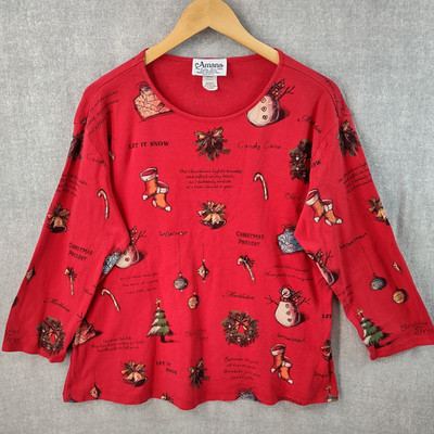 VTG Amana Woolen Mill Sweater XL Joy of Christmas Red Cotton Knit Pullover USA