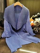 ISSEY MIYAKE Pleated Knit Chevron Blue Cardigan Sweater Shawl Collar