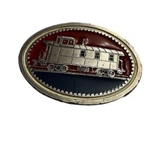 Vintage Railroad Caboose Belt Buckle Pewter Tone Red Blue Enamel Train Western
