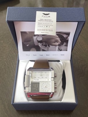 FEICE Original Analog/Digital Quartz 48mm Rectangle Brown Leather Strap Box