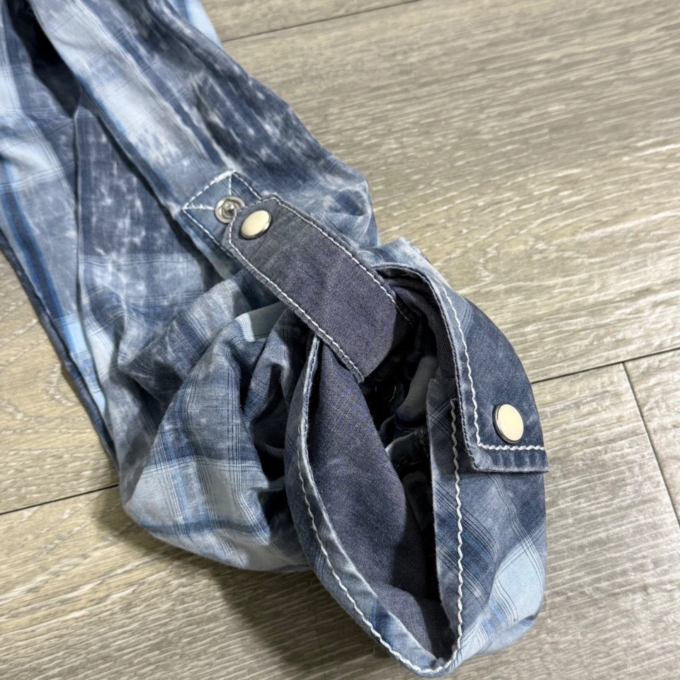 Camisa BKE Vintage Perla Franela a Presión Azul Lavado Para Hombres Grande Roll-Tab Western Foto 4 de 4