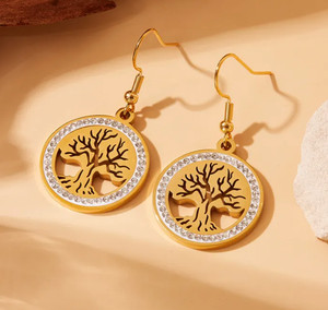 Authentic Tree of Life Dangle Earrings Gold Plated Round Zirconia Drop