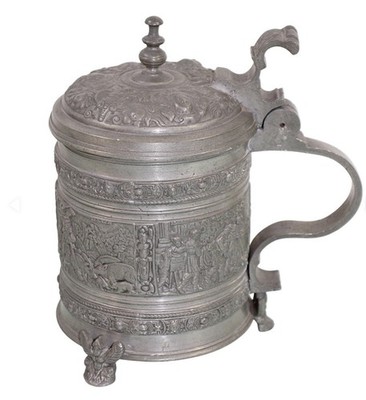 Antique German Pewter Stein Lidded Tankard Figural Tavern & Hunting Scenes