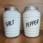 Hazel Atlas Milk Glass Beehive Salt & Pepper Range Shakers W/ Black Script Vtg