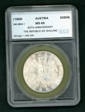 AUSTRIA 50 SHILLING 1968 50TH ANNIV REPUBLIC SILVER COIN KM # 2904.1 (0.5787oz)