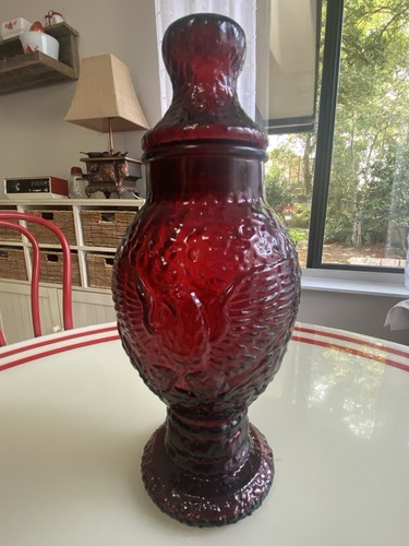 Vintage Wheaton Ruby Red Glass Apothecary Jar Lidded Eagle Embossed 10"