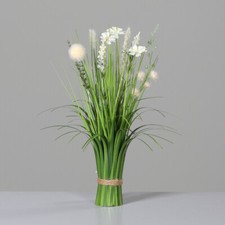 Künstliches Stehgras mit Blüten Kunstpflanze Dekogras  Rosa-Weiße Blumen