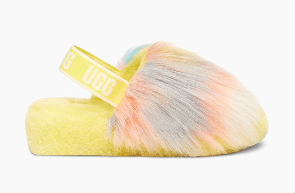 PANTOFOLA D’ORO Nuovissime pantofole donna UGG Fluff Yeah Slides tintura cravatta gialla (1117326) 7 8 9