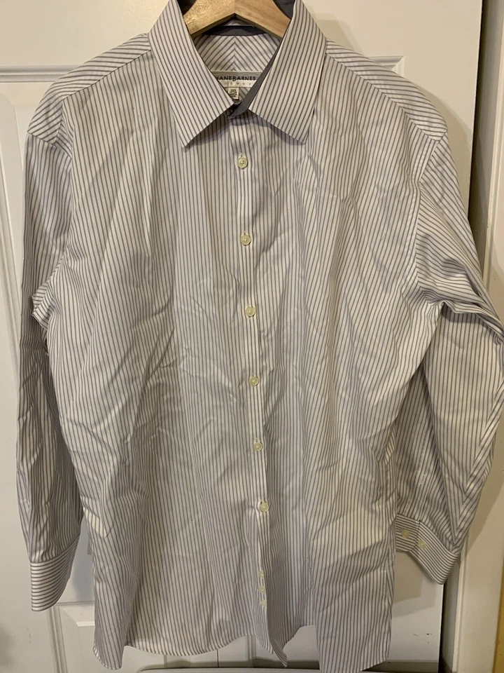 Jhane Barnes Men’s Sz 17 Long Sleeve Button Down Slim Fit Non Iron White Gray - Image 3 of 4